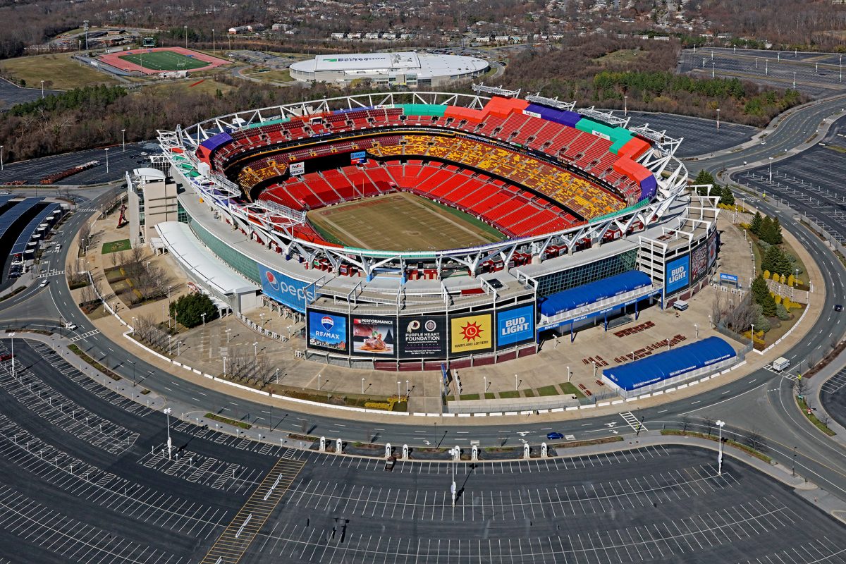 The FedEx field stadium today seats 58,000 fans, though it once had a max capacity of 91,000 people in 2011 when its home football team was still the Washington Redskins, not the Commanders (Courtesy Staff Sgt. Patrick Evenson via Wikimedia Commons). 