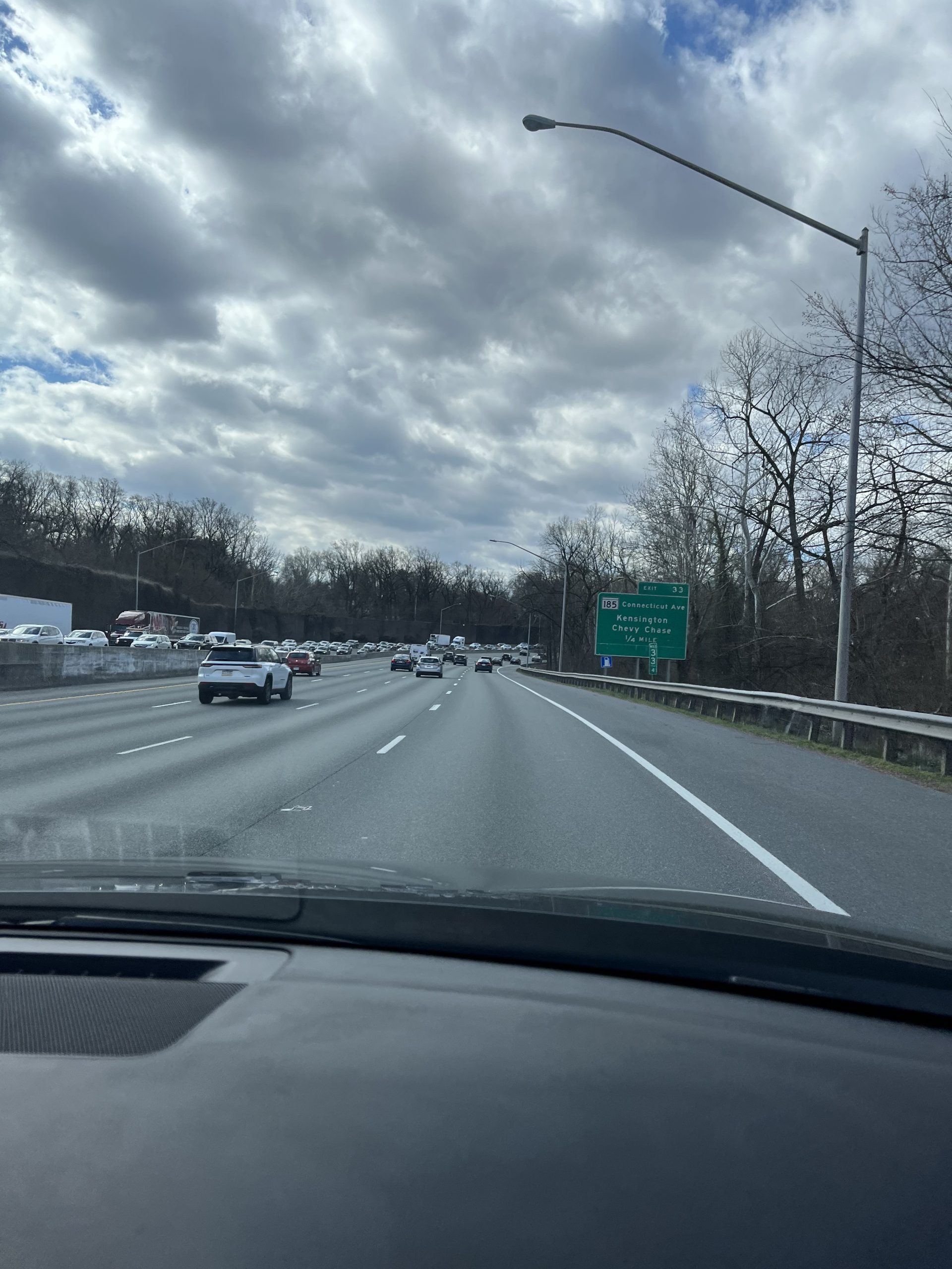 Cars whiz towards the Connecticut Avenue exit on 495 East, with speeds generally ranging anywhere from 40-80 mph.