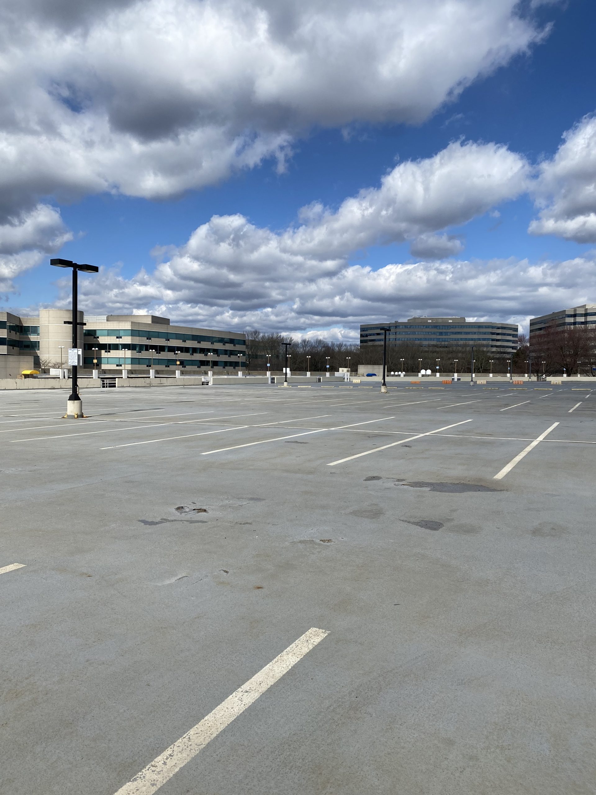 The Total Wine Headquarters parking lot sits empty, dotted with a few dormant street lights.