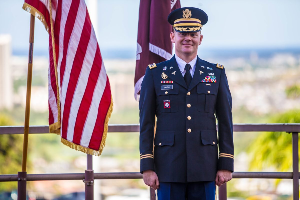 Lieutenant Colonel Benjamin R. Smith poses in full uniform as a member of the US Army. Smith previously was stationed in Hawaii before moving to Bethesda where he now lives with his wife and daughter, Jael who attends WJ.