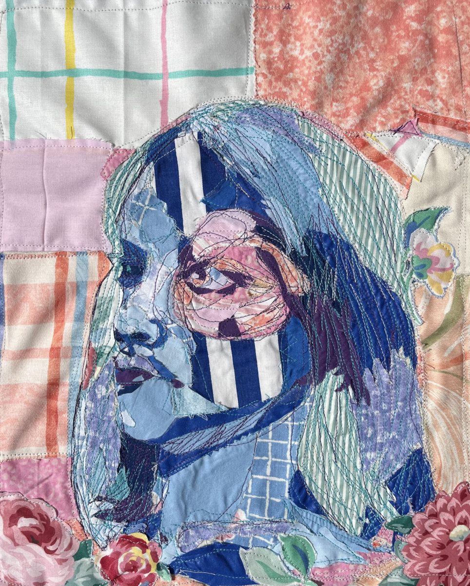 Combined Portrait is a self-portrait Bull created out of embroidered fabric. The pink eye represented her mothers which tied into Bulls sustained investigation; portraying female relationships. This piece was featured on the cover of WJs Spectator magazine Vol. 63.