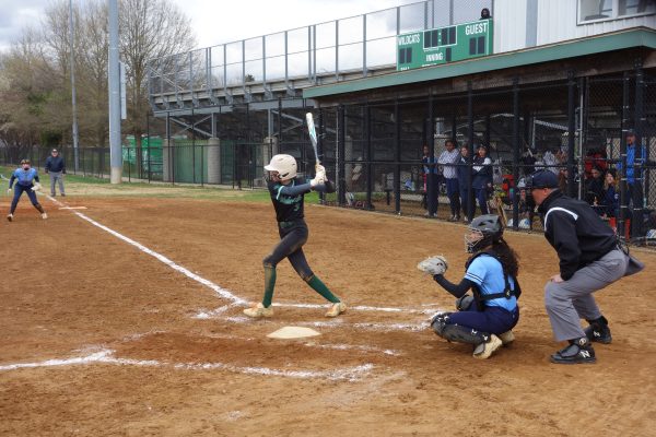 Sophomore Addie Strbak swings with her signature slap swing, taking a step forward while swinging. Strbak went 3 for 5 at the plate and hit the game-winning double in the bottom of the seventh inning.