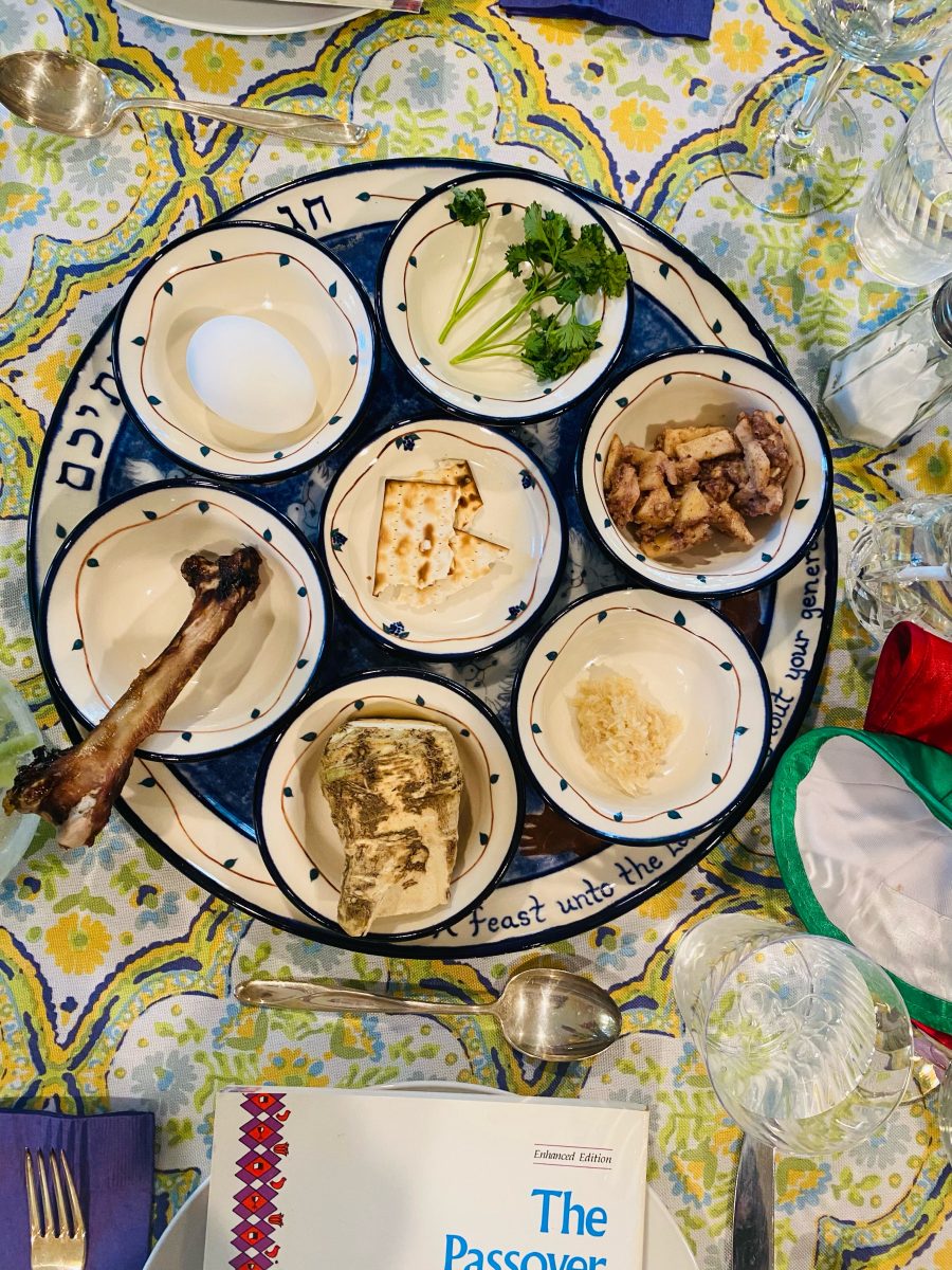 The seder plate above contains six food dishes (karpas, charoset, maror, hazeret, zeroa and beitzah), which all have significant meaning to the story of Exodus.