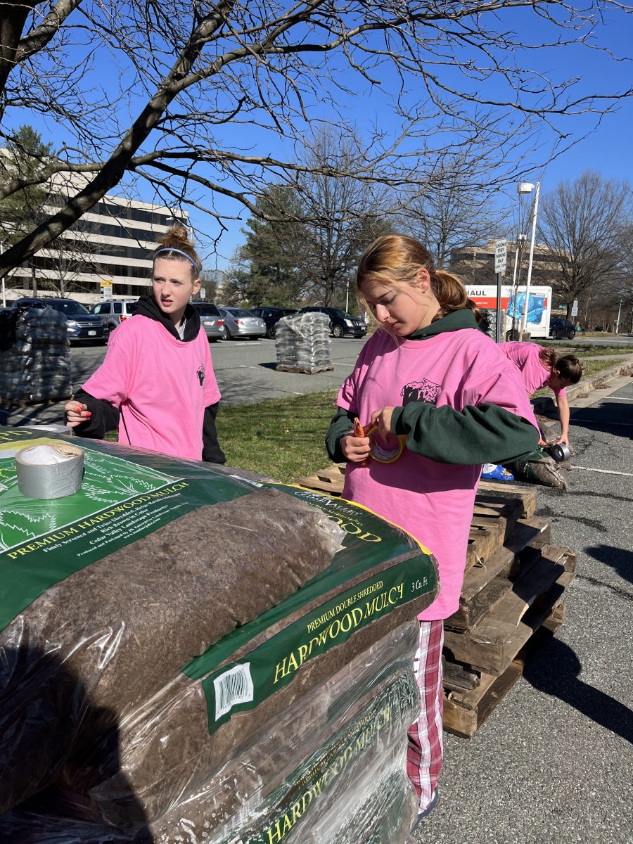 Sophomore Alex Krouse and junior Elsa Santighian tape up ripped bags of mulch. Students separated into groups to complete different tasks of the sale.