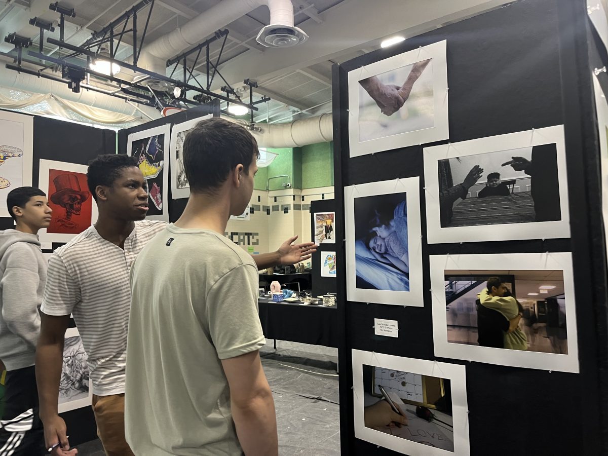 Juniors Zachary Wray and Illai Faiman discuss an AP Photography portfolio at the art festival. Wray and Faiman visited the show during school with their art classes.